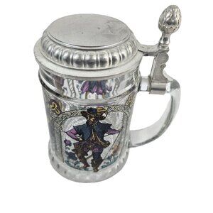 Vtg BMFN Three Musketeers Painted Glass Pewter Lidded Beer Stein 7" W. Germany